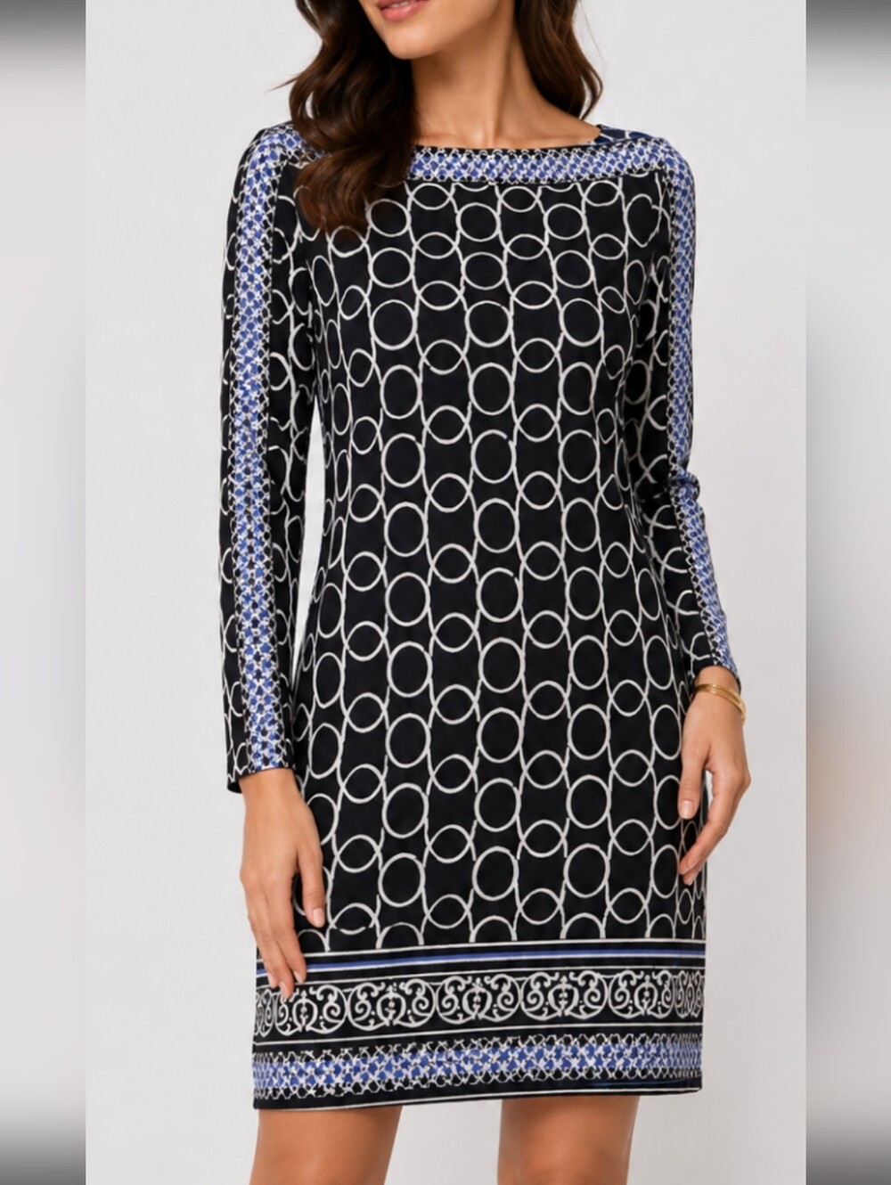 Joseph Ribkoff S12 Houndstooth Black White Blue Shift Dress Beautiful Neckline